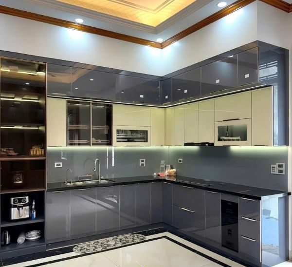 Tủ bếp inox cánh kính cường lực bảo hành lâu dài